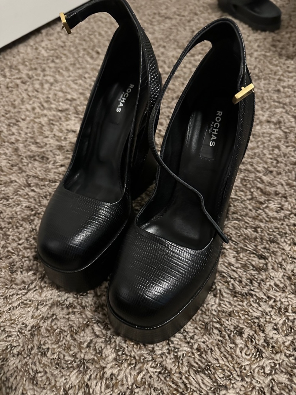 Rochas Black Textured Leather Platform Mary Jane Pumps with Gold Accent
